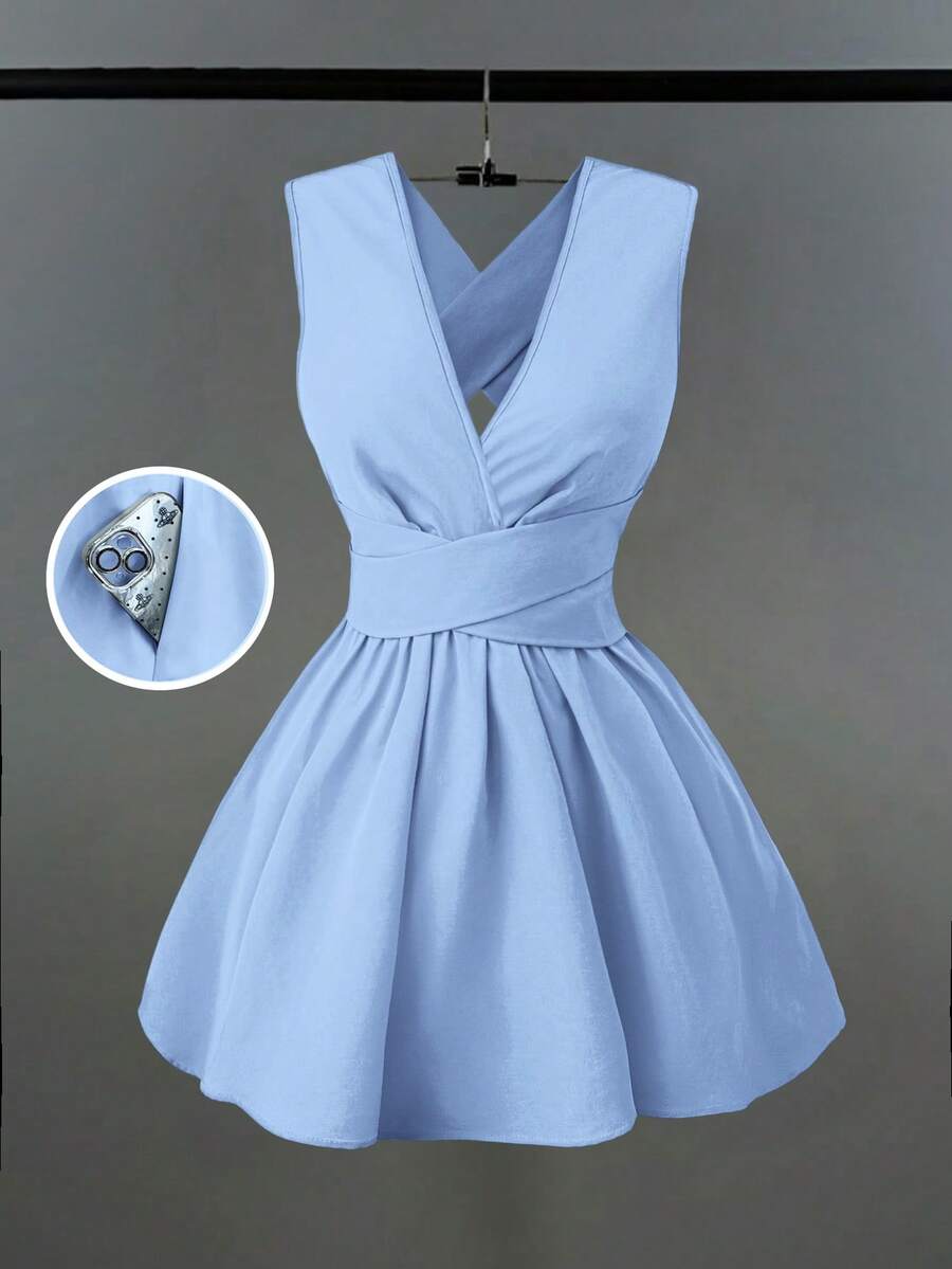 Franclia 女士浪漫优雅性感婚礼宾客纯色交叉 V 领无袖 A 字迷你连衣裙，演唱会服装百搭设计，适合海滩、派对、春夏口袋晚礼服露背奶油黄短裙