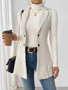 RosyDaze Women's Polka Dot Collar Sleeveless Tweed Jacket - White - View 9