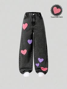SHEIN ChillGRL Tween Girl Baggy Casual Washed Light Blue Denim Wide Leg Pants With Vintage Floral Embroidery, Comfortable & Versatile, School, Campus, College - Black - View 9