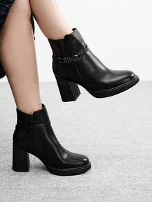 CUCCOO BIZCHIC Women's Buckle Design Fashion Daily Commute Versatile High Heel Mid-Calf Boots For Christmas - Black - View 1