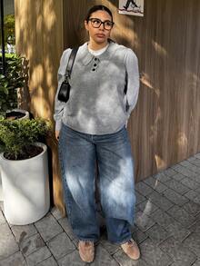 Dazy Plus 大码女式条纹拼接长袖Polo领休闲毛衣 - 灰色 - 查看 3