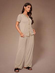 Lazeform Casual Lazy Style Women Short Sleeve Top And Pants Pajama Set - Apricot - View 6