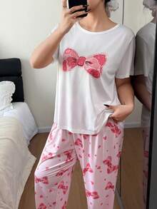 Bow & Heart Print Round Neck Short Sleeve Pajama Set, Casual Loungewear For Plus Size - Pink - View 5