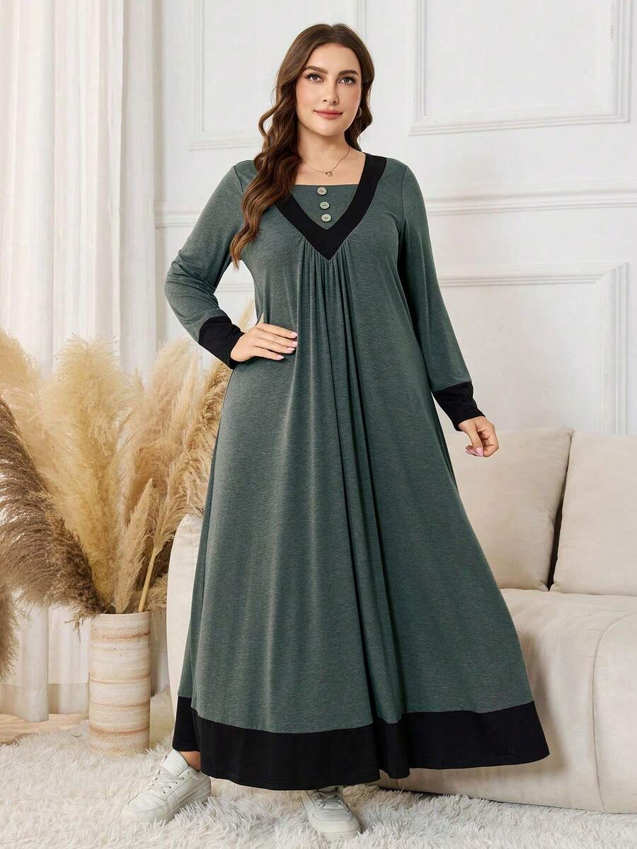 Lacomfia Plus Size Color Block Loose A-Line Dress With Decorative Buttons - Green - View 1