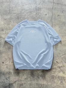 AXEPEAK 加大码男士极简主义印花圆领短袖T恤 - 淺藍色 - 查看 1