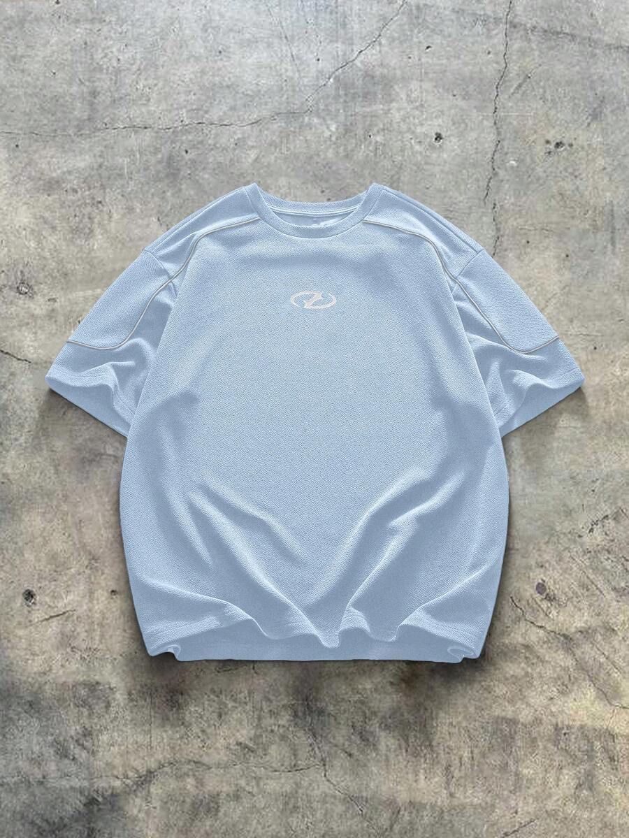 AXEPEAK 加大码男士极简主义印花圆领短袖T恤 - 淺藍色 - 查看 1