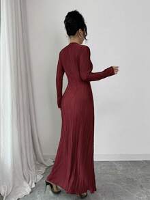 Modelyn Elegant Floor-Length V-Neck Pleated Dress, Wine Red, For Women, Winter - Burgundy - View 2