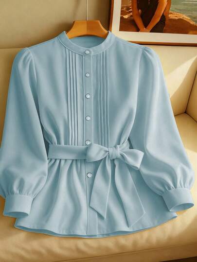 GlowEve 女士纯色圆领褶皱泡泡长袖休闲衬衫