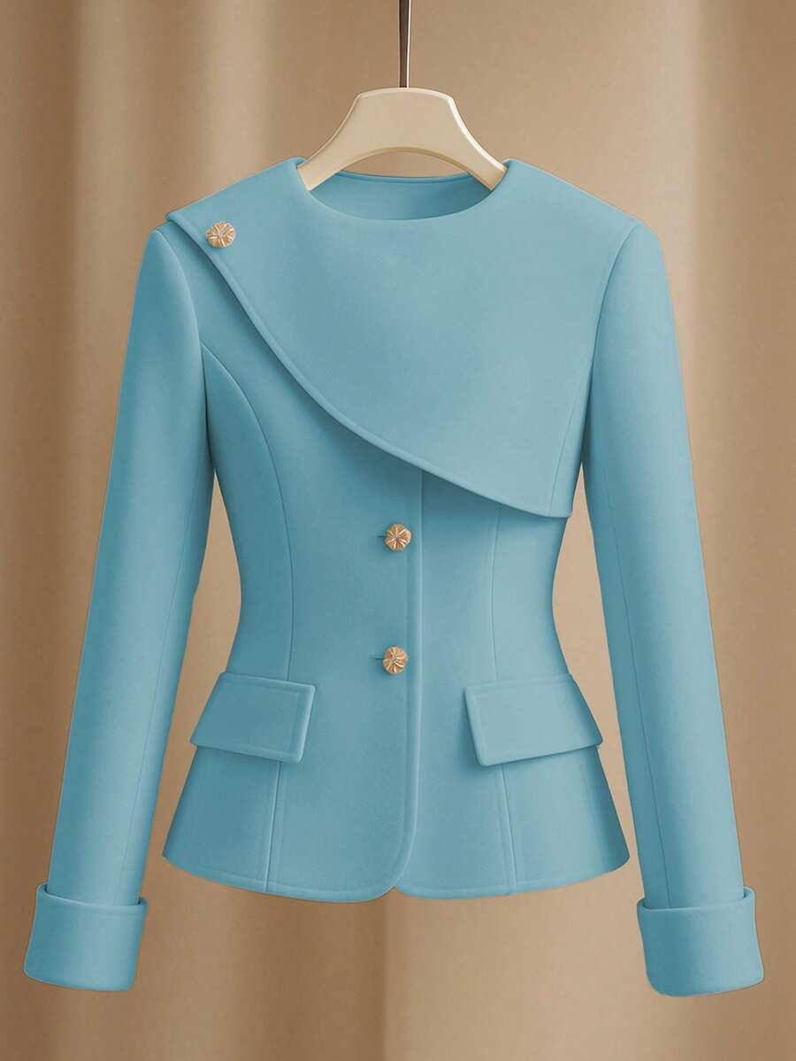 GlowEve 女士纯色金属纽扣长袖优雅外套，女士夹克，正式女士优雅套装，女士西装，蓝色女士西装外套，蓝绿色女士办公室工作服，绿松石色 - 淺藍色 - 查看 1