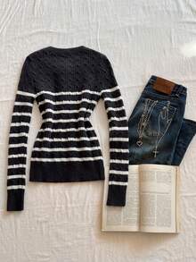 SHEIN Unity Contrast Color Vintage Striped Women Long Sleeve Sweater - Multicolor - View 2