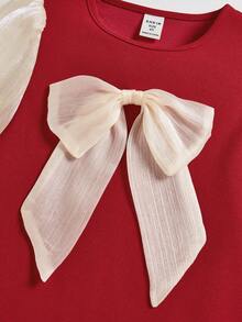 SHEIN فستان أنيق طويل الأكمام مصنوع من الصوف الأحمر للفتيات الصغيرات - متعدد الألوان - مشاهدة 3