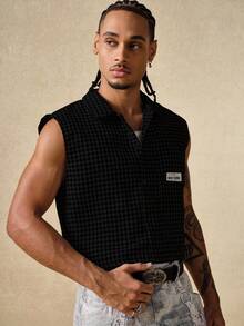 ROMWE MEN Street Life Men's Casual Vest With Letter Emblem And Patch Pattern, Single-Breasted Design - Black - View 4