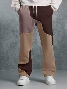 SUMWON Swirl Pattern Color Block Joggers With Drawstring Waist Relaxed Fit Casual Sweatpants For Winter Comfort - Chocolate Brown - View 4