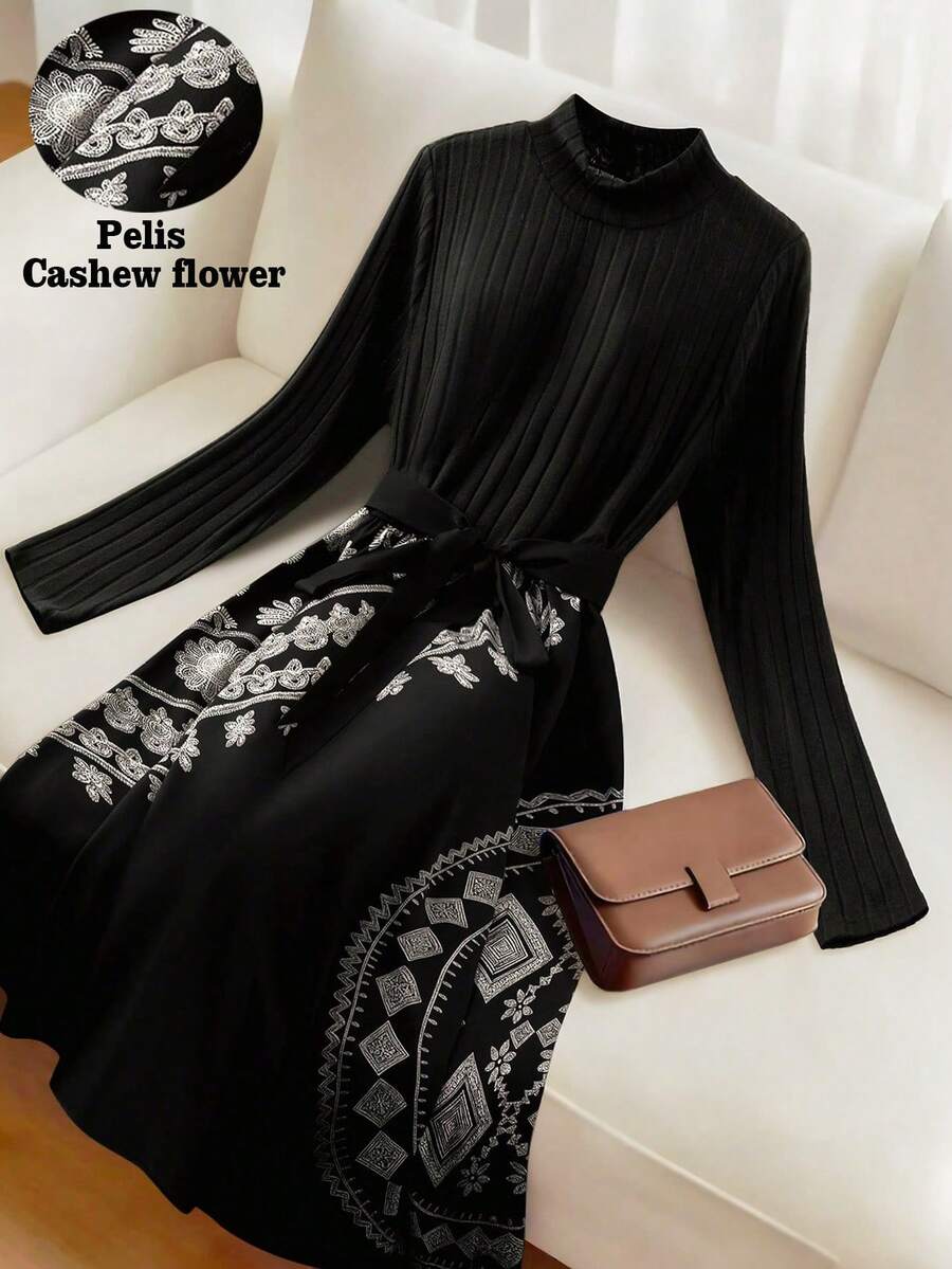 GlowEve CURVE 大码女式复古印花拼接黑色罗纹针织长裙，半高领系带蝴蝶结腰身长裙，休闲优雅日常穿着，秋冬款 - 黑色 - 查看 1