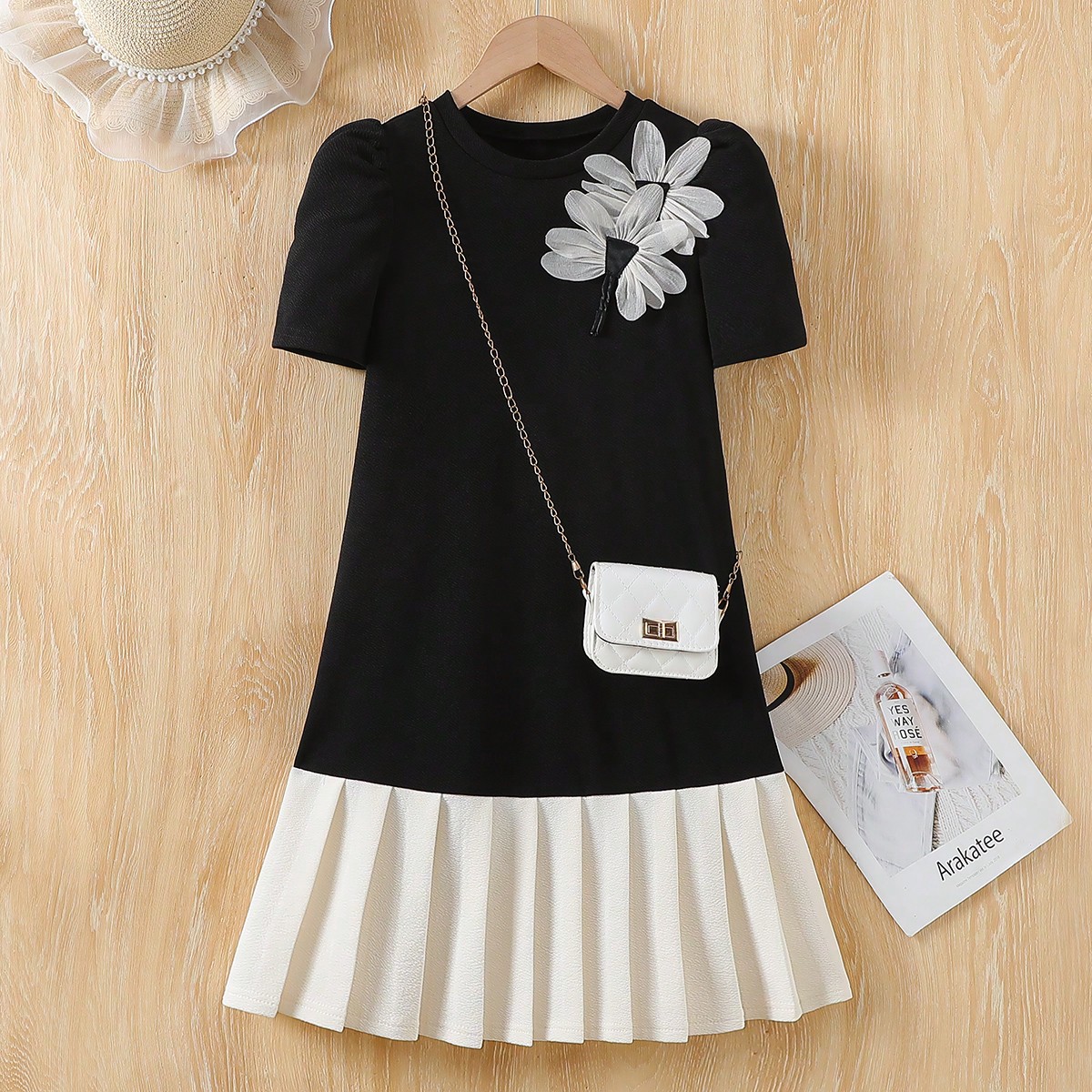 Pieza Vestido de manga corta con pliegues y lazo para niña preadolescente, corte holgado, para primavera/verano