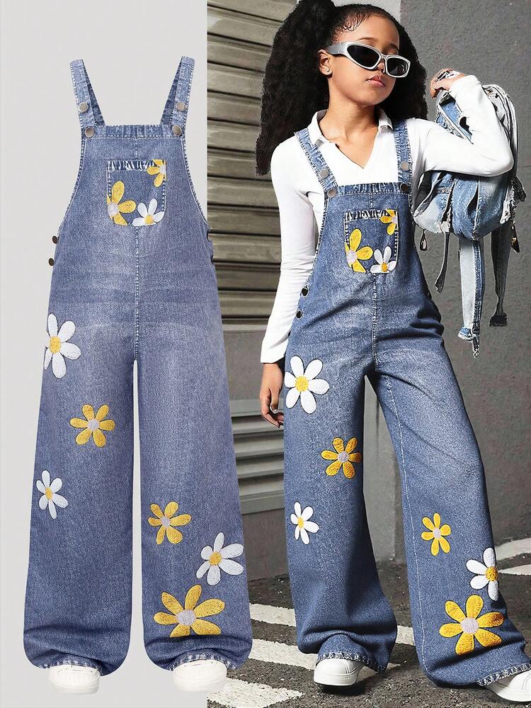 Sparklyn Tween Girl Denim Overalls For Spring & Summer Featuring A Fresh, Sweet And Vibrant Sleeveless Silhouette, With A Relaxed Wide-Leg Cropped Cut. The Light Denim Blue Base Is Adorned With Small Yellow And White Daisy Embroidery, Perfect For Daily Streetwear, School Outfits, Casual Getaways And Other Versatile Occasions. - Blue - View 1