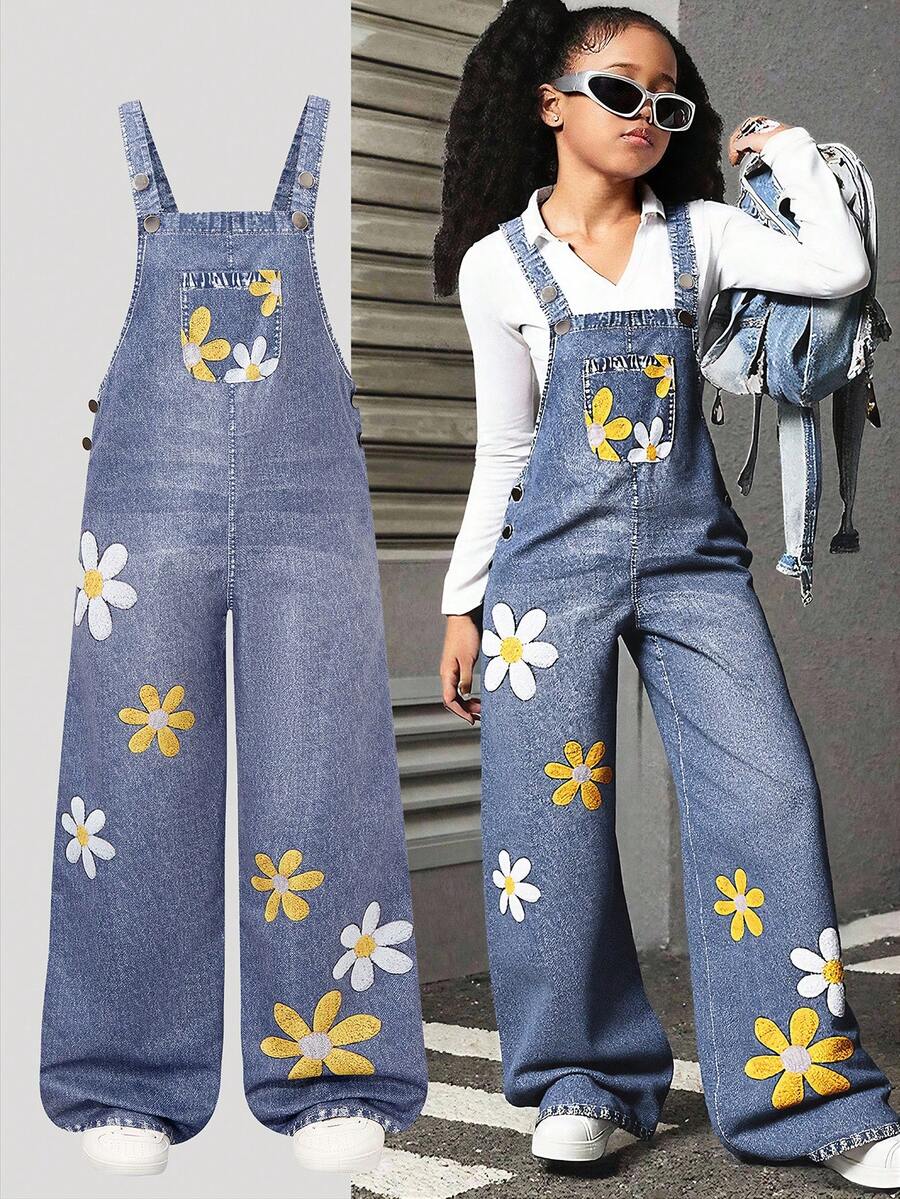 Sparklyn Tween Girl Denim Overalls For Spring & Summer Featuring A Fresh, Sweet And Vibrant Sleeveless Silhouette, With A Relaxed Wide-Leg Cropped Cut. The Light Denim Blue Base Is Adorned With Small Yellow And White Daisy Embroidery, Perfect For Daily Streetwear, School Outfits, Casual Getaways And Other Versatile Occasions. - Blue - View 1