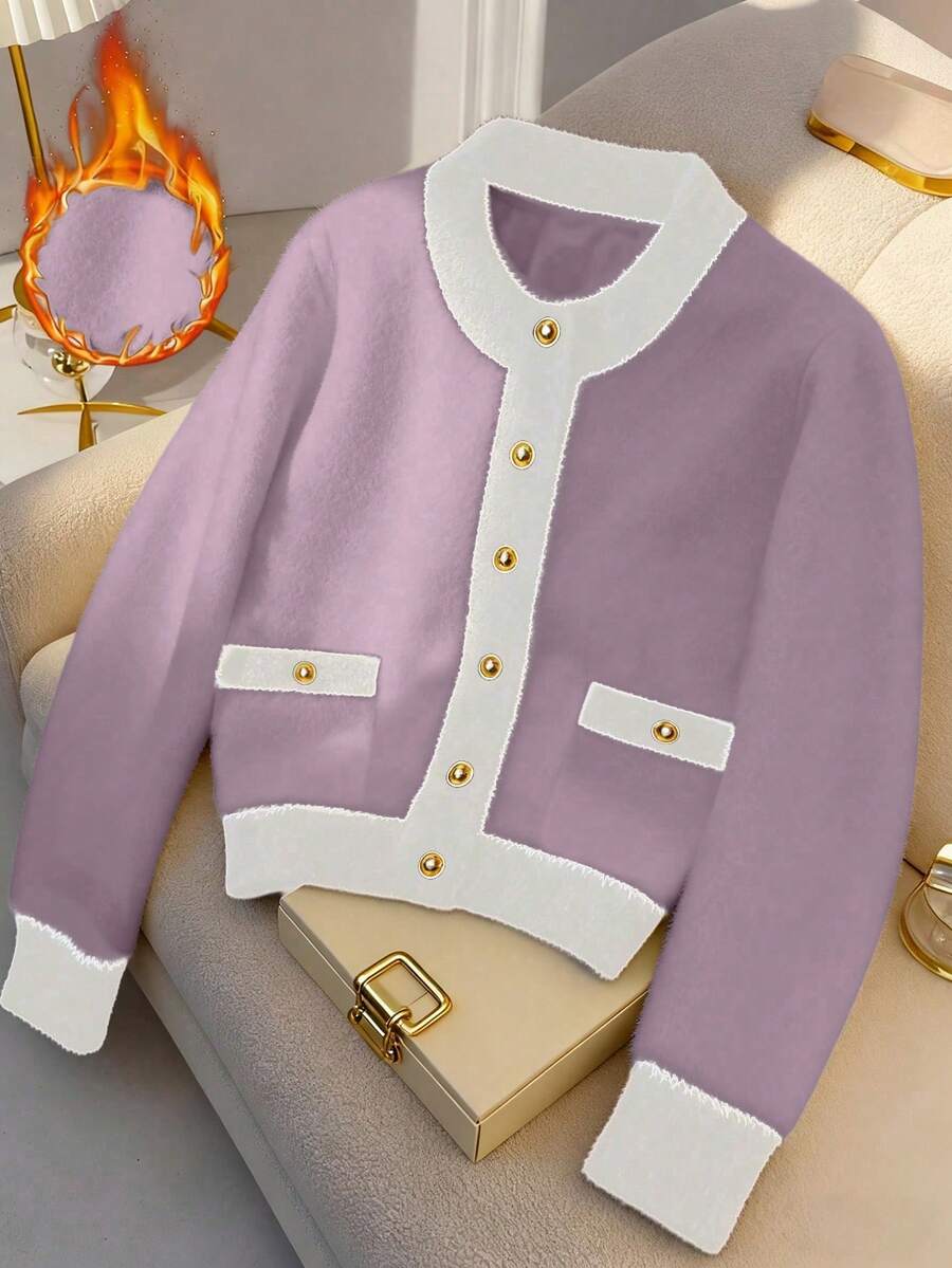 SHEIN LUNE 新款优雅百搭女士开衫,适合秋冬季穿着 - 紫色 - 查看 1