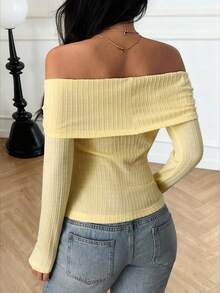 Zavorell 女士性感优雅浅黄色船领露肩修身衬衫，优雅时尚的春秋季上衣，适合日常穿着/上学/度假/派对/毕业典礼/婚礼等场合，冬季圣诞节新年感恩节皆宜。 - 淡黃色 - 查看 2