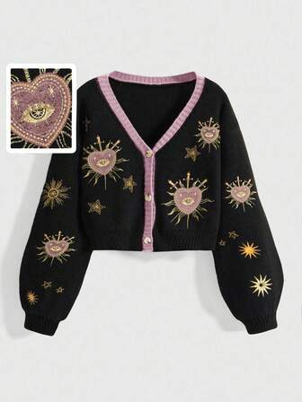 Gothic Mysterious Witch Style Sun, Moon, Star, Heart, Eye Embroidery Contrast Color Plus Size Women Cardigan Sweater