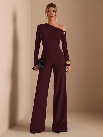 SHEIN BAE Spring & Summer Solid Black Elegant Daily Asymmetrical Shoulder Long Sleeve Metal Buckle Decor Extra Wide Leg Jumpsuit, Suitable For Daily Wear, Dates, Parties, Elegant Women's Layering, Wide Leg Jumpsuit, Valentine's Day Jumpsuit, Everyday Jumpsuit, Graceful Jumpsuit,Fall,Fall Clothes For Women,Women's Winter Clothes