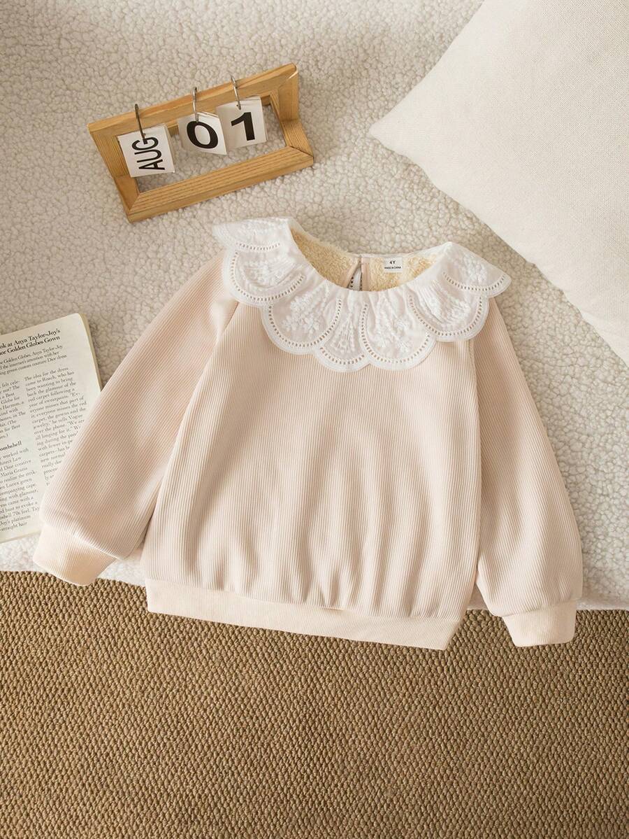 Genkimix Kids Young Girl' Cute Peter Pan Collar Ribbed Fluffy Crew Neck Pullover Sweatshirt, White, Casual Wear For Autumn/Winter - Multicolor - View 1