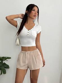 Flirla 女士休闲裤，侧边口袋，抽绳腰带，简约百搭，适合日常穿着，夏季款 - 杏色 - 查看 5