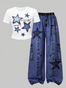 SHEIN ChillGRL 少女星星印花圆领 T 恤和印花阔腿裤两件套，休闲夏季服装 - 藍色 - 查看 4