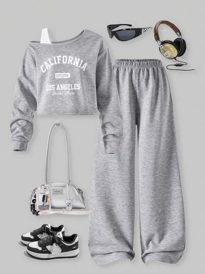 SHEIN ChillGRL 2 件套秋冬青少年女孩宽松设计不对称肩部拼色印花长袖上衣和阔腿裤套装，适合日常、通勤、休闲、度假、与朋友聚会、街头风格