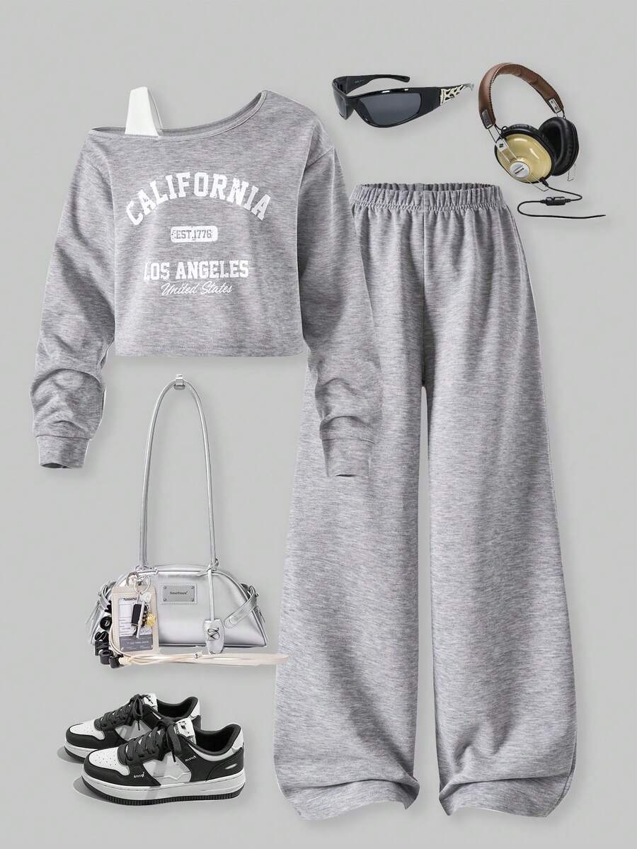 SHEIN ChillGRL 2 件套秋冬青少年女孩宽松设计不对称肩部拼色印花长袖上衣和阔腿裤套装，适合日常、通勤、休闲、度假、与朋友聚会、街头风格