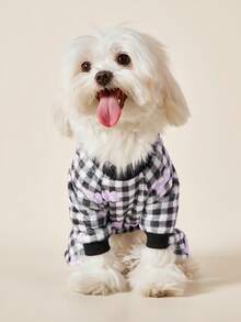 PETSIN 1pc Light Purple Bow Print Pet Jumpsuit Black And White Checkered Autumn And Winter Flannel Warm And Comfortable Pet Warm Clothes