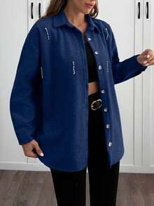 EURMUSE Solid Color , Rhinestone Details, Over Shirt Jacket - Navy Blue - View 6