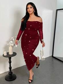 Firerie Váy maxi trễ vai màu đỏ tía thanh lịch đính ngọc trai nhún bèo tôn dáng, lãng mạn cho ngày lễ tình nhân dành cho nữ cỡ lớn - Màu Đỏ Sâu - Xem 6