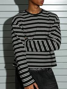 PAVTROS 男士休闲黑白条纹长袖针织T恤，街头风，朋友装，情侣装，宽松版型，男款，印花，日系风格，男女通用，我爱我的女朋友 - 黑與白 - 查看 6