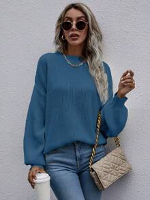 SHEIN LUNE Suéter de manga larga minimalista de unicolor y casual para mujer - Azul - Ver 6