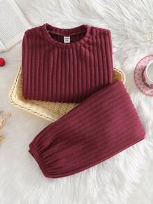 Girls' Solid Dusty Rose Ribbed Long Sleeve Pajama Set - Burgundy - View 1