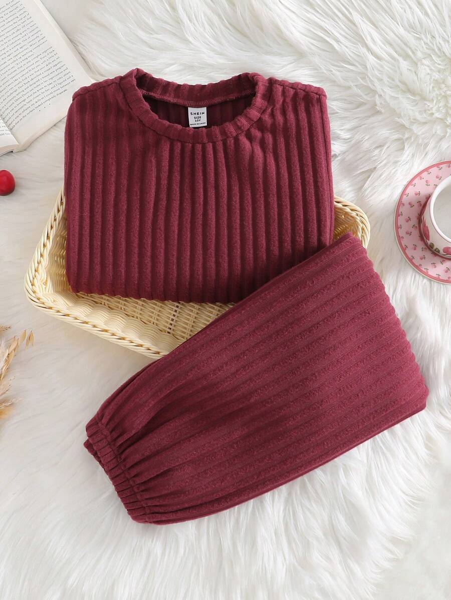 Girls' Solid Dusty Rose Ribbed Long Sleeve Pajama Set - Burgundy - View 1