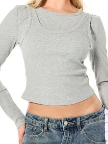 SUMWON WOMEN Ribbed Knit Long Sleeve Crew Neck Crop Top With Contrast Seaming Detail For Casual Everyday Wear - Grey - View 4