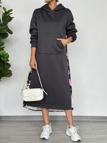 EMERY ROSE 女士休闲宽松长款卫衣连衣裙，背面印花设计，适合秋冬季穿着 - 深灰色 - 查看 3