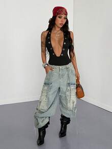 StreetHx 街头风女式镂空金属装饰吊带连体衣 - 黑色 - 查看 6