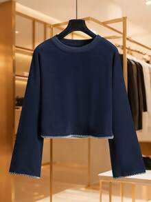 Modelyn Women's Design Sense Crew Neck Long Sleeve Loose Knit Sweater, Navy Blue, Fashionable, Autumn/Winter - Navy Blue - View 3