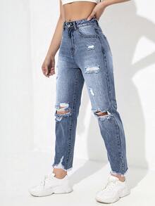 SHEIN ICON 女士夏季高腰破洞妈妈款牛仔裤 - 中等水洗藍 - 查看 5