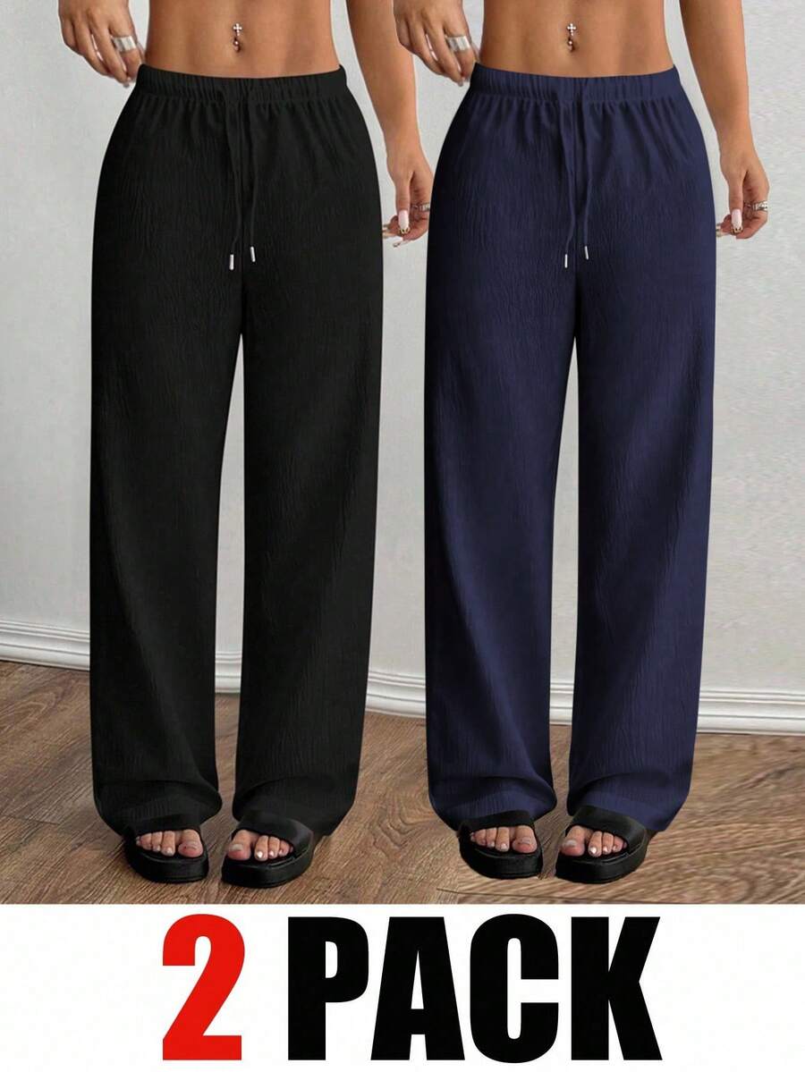 Flirla Petite 2件套女士纯色直筒裤套装 - 藏蓝色 - 查看 1