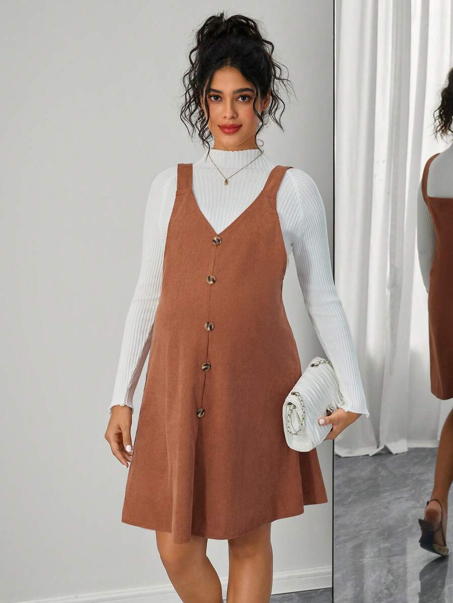 SHEIN Abito casual elegante da donna incinta con scollo a V, colore unito, spalline larghe e bottoni frontali