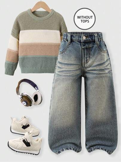 男童经典蓝色牛仔裤，休闲直筒牛仔裤，舒适棉质，适合户外、学校、聚会、返校季穿着。5岁男童套装，包含多条牛仔裤。