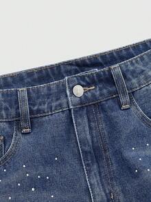 ROMWE MEN Street Life Men's Cross Rhinestone Embellished Pleated Pocket Jeans - Blue - View 4