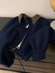 SHEIN Frenchy 复古拼接领短款开衫毛衣 - 2 色可选，女士秋冬服装，美拉德针织开衫，高端仿皮领双拉链针织开衫外套 - 藏蓝色 - 查看 8