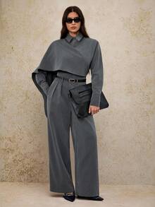 SHEIN Tall 2 件套女式高腰收腰中长款西装外套（带斗篷袖） - 灰色 - 查看 5