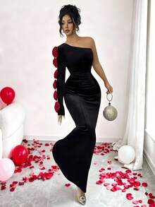 SHEIN Raffinéa Women's Elegant Holiday Dinner Asymmetric 3D Floral One Shoulder Sleeve Velvet Long Dress Gown, Black And Red Autumn Dresses - Multicolor - View 3