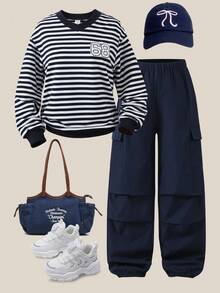 SHEIN Explorewe 女童休闲条纹卫衣和裤子套装，适合秋冬季日常休闲、上学、户外、运动 - 藍色 - 查看 3
